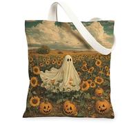 Ghost - Bolsa de lona para mujer, diseño de girasol, calabaza, Halloween, amarillo, lavable, reutilizable, pequeña, para compras, brunch, parque, biblioteca, excursiones, 13 x 15 pulgadas