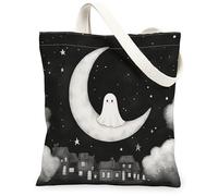 Ghost - Bolsa de lona para mujer, diseño de luna y estrellas, Halloween, color negro, lavable, reutilizable, pequeñas, ideas para compras, viajes, oficina, biblioteca, casual, 13 x 15 pulgadas