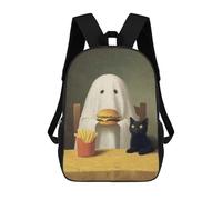 Ghost, Cat, Burger, And Fries Painting Mochila Escolar, Mochila De Negocios Para Portátil, Mochila Informal Unisex Para Hombres, Mujeres Y Adolescentes 17inch