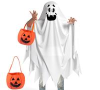 Ghost Costume Spooky Cape Kids, Child Ghost Costume, Disfraz Fantasma Niño, Ghost Costum-e with Pumpkin Bag, Ghos-t Costum-e for Kids Halloween Ghos-t with Pumpkin Bag for Carnival Role Play
