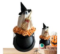 Ghost Figurine, Cute Ghost Sculpture, 7.87 x 5.91in Broom Cauldron Design, Spooky & Charming, Witch Statue for Halloween Decor, Haunted Setup, Birthday Party, Window Display, Food Tray, Dinner Table
