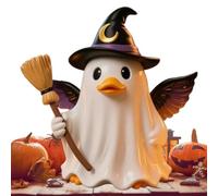 Ghost Figurine, Witch Sculpture, Duck Holding Broom with Hat 3.94 X 2.76 Inches for Halloween Party, Birthday Decor, Haunted Setup, Centerpiece, Window Display, Bedroom Table Ornament, Cute Spooky