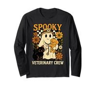 Ghost Holding Negro Gato, Perro Veterinario Halloween Vet Tech Manga Larga