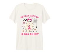 Ghost Holding Pink Ribbon Groovy Breast Cancer Concientización Camiseta Premium