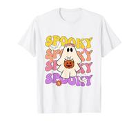 Ghost Holding Pumpkin Halloween Groovy Spooky Vibes Mujeres Camiseta gráfica económica, Hombre, Blanco, L
