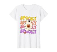 Ghost Holding Pumpkin Halloween Groovy Spooky Vibes Mujeres Camiseta gráfica económica, Mujer, Blanco, M