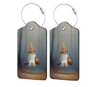 Ghost Holding Pumpkin On The Swing - Etiqueta de equipaje para maleta, paquete de 2 etiquetas de equipaje de cuero con solapa de privacidad, etiqueta de identificación de nombre y lazo de metal para