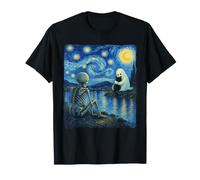Ghost Hugging Cat Van Gogh Halloween Esqueleto Starry Night Camiseta