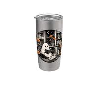 Ghost Reader, amante de los libros, gato negro, acogedora biblioteca, luna Vaso térmico de acero inoxidable de doble pared
