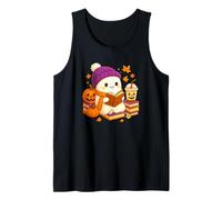 Ghost Reading Book Halloween Coffee Spooky Autumn Fall Camiseta sin Mangas