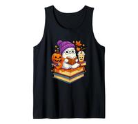 Ghost Reading Book Halloween Coffee Spooky Autumn Fall Camiseta sin Mangas