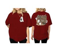 Ghost Reading Books - Camiseta de Halloween para mujer, diseño de bibliotecario fantasma de Halloween con cuello en V, Claret-1, 3XL