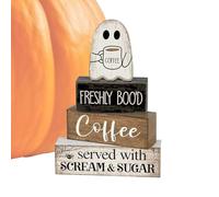 Ghost Sign Decor, Wooden Halloween Display, Tiered Tray Block with Painted Finish, Centerpiece Accent and Festive Prop for Kitchen, Shelf, Coffee Bar, Party, Indoor, Holiday Season