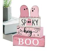 Ghost Sign, Wooden Halloween Decor, 5.91x1.54x7.48 Inches Tiered Tray Centerpiece, Block Display Accent, Rustic Farmhouse Style, Ideal for Kitchen, Coffee, Party, Holiday Season Decoration