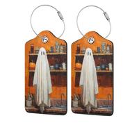 Ghost Standing in The Kitchen Sink - Etiqueta de equipaje para maleta, paquete de 2 etiquetas de equipaje de cuero con solapa de privacidad, etiqueta de identificación de nombre y lazo de metal para