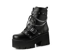 GHSIRUEU Botines góticos para Mujer con Plataforma Tacones Gruesos Botas de Combate Punk para Motocicleta con Cadena y Remaches,Negro,34 EU