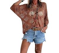 GHTRHSB Camiseta de ganchillo de inspiración bohemia para mujer con cuello en V, para verano, para playa, salida de baño, ligera, holgada, marrón, S