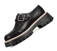 GHTRHSB Mocasines ortopédicos de plataforma para mujer, mocasines casuales de piel con puntera redonda, zapatos de negocios de moda con hebilla, Black, 36.5 EU