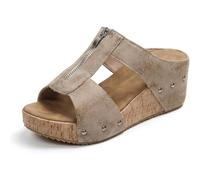 GHTRHSB Sandalias ortopédicas de piel para mujer, cómodas, anchas, puntera abierta, corcho, con cremallera, plataforma, sandalias de cuña para verano, zapatos casuales de playa, Khaki, 36 EU