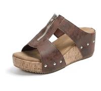 GHTRHSB Sandalias ortopédicas de piel para mujer, cómodas, anchas, puntera abierta, corcho, con cremallera, plataforma, sandalias de cuña para verano, zapatos casuales de playa, Brown, 39 EU