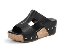 GHTRHSB Sandalias ortopédicas de piel para mujer, cómodas, anchas, puntera abierta, corcho, con cremallera, plataforma, sandalias de cuña para verano, zapatos casuales de playa, Black, 38 EU
