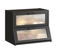 GHWIE Panera de bambú de doble capa para encimera de cocina, contenedor de almacenamiento de pan de gran capacidad, contenedor de pan con panel de puerta ondulado acrílico, color negro