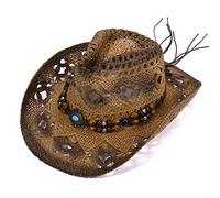 Ghzste Sombrero de Vaquero de Paja para Hombres y Mujeres, Sombrero de ala Ancha, Hueco, Transpirable, con Banda de Borde de Cuentas, Estilo Occidental para Acampar al Aire Playa, Viajes (A)