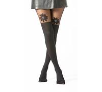 Gi&Gi Medias con estampado de flores para mujer 40/120 den,Pantis efecto sobre la rodilla acanaladas N.1512 (FR/ES, Letras, L, XL, Regular, Regular, Negro)