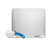 Gi.Metal Kit de placa de acero inoxidable de 40 x 35 cm + cortador de pizza - Para horno, barbacoa y gas - Cocción uniforme y corte preciso - Uso doméstico y profesional