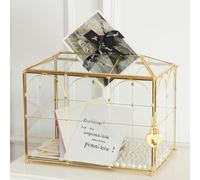 Giadun Caja de cristal para tarjetas de boda con ranura, caja grande de tarjetas de regalo de latón dorado transparente con cerradura, perfecta para recepciones de bodas, baby shower, fiesta de
