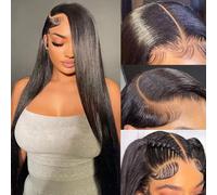 GIANNAY - Peluca de cabello lacio sintético con encaje frontal de aspecto natural para mujeres negras, 66 cm (pelucas de encaje frontal lacio negro)