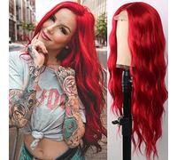 GIANNAY - Peluca rizada roja para mujer, cabello sintético de encaje frontal de onda larga, color sangre, 24 pulgadas (mujeres blancas)