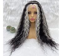 GIANNAY Pelucas negras y blancas rizadas con encaje frontal, pelucas negras con rayas blancas, peluca de rayas blancas, peluca sintética de encaje frontal para mujer, 26 pulgadas