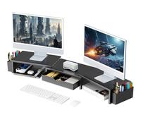 gianotter Soporte elevador de monitor doble, organizador de escritorio con cajón y 2 soportes para bolígrafos, soporte para monitor de computadora, estante de escritorio para parte superior del