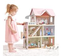 Giant Bean Casa de Muñecas Madera, 80 cm Casa Muñecas Madera de Altura con Elevador, Timbre, Luz, 15 Muebles y 3 Muñecas, Regalo de Juguete para Niñas de 3 Años +