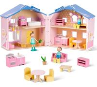 Giant bean Exquisita casa de muñecas de madera rosa para niñas con 2 muñecas y 12 muebles de madera, juego de casa de juego plegable y portátil con asa, regalo de cumpleaños de Navidad para niñas a