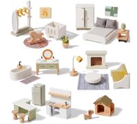 Giant bean Juego de 33 muebles de madera para casa de muñecas, accesorios modernos para casa de muñecas con dormitorio, cocina, baño, guardería y sala de estar, juguetes Montessori para niños y niñas