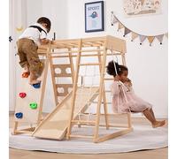 Giant Bean Medium Size Indoor Playground Jungle Gym for 2-10 yrs Kids,Toddlers Climber Toys 9-in-1 with Slide, Rock Climb Wall,Monkey Bars, Wood &Rope Ladder, Climbing Rope & Wall and Gymnastic Ring