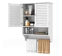 GIANTEX Armario de Pared para Baño, Armario Colgante de Madera con 2 Puertas Persianas, 3 Estantes y 1 Toallero, 60 x 22 x 75 cm, Mueble de Almacenamiento para Baño, Comedor, Entrada (Blanco)