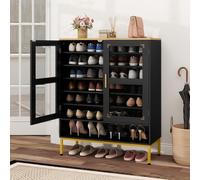 GIANTEX Armario Zapatero con 2 Puertas, Mueble de Zapatos con Puertas de Malla, Estantes Ajustables, Kit Antivuelco, 80x37x106cm, Mueble Organizador para Recibidor, Entrada (Negro, 7 Niveles)