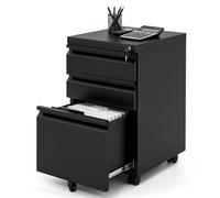 GIANTEX Cajonera Metálica de Oficina, Archivador Móvil de 2/3 Cajones con 5 Ruedas, 2 Barras Suspendidas Ajustables y Cerradura, Mueble Organizador para Legal, Carta, Archivos A4 (37x44x60,5cm,Negro)