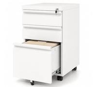 GIANTEX Cajonera Metálica de Oficina, Archivador Móvil de 2/3 Cajones con 5 Ruedas, 2 Barras Suspendidas Ajustables y Cerradura, Mueble Organizador para Legal, Carta, Archivos A4 (37x44x60,5cm,Blanco)