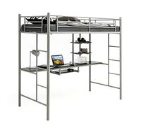 GIANTEX Cama Alta con Escritorio, 200 x 95 x 180,5 cm, Litera con 2 Escaleras y Rejilla de Protección para Niños, Marco de Cama de Metal de 150 kg (Gris)