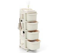 GIANTEX Carrito Auxiliar con Ruedas con 3/4 Cajones, Cajonera de Almacenamiento de Plástico con Paneles Perforados Laterales, 6 Ganchos, Carro Organizador para Salón, Dormitorio (4 Cajones)