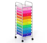 GIANTEX Carro de Almacenamiento 10 Cajones de Plástico, Cajonera con 4 Ruedas, Carrito Auxiliar con Marco de Metal, Organizador para Oficina, Salón, Cocina (Transparente Colorido)