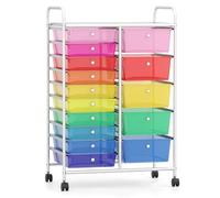 GIANTEX Carro de Almacenamiento 15 Cajones de Plástico, Cajonera con 4 Ruedas, Carrito Auxiliar con Marco de Metal, Organizador para Oficina, Salón, Cocina (Transparente Colorido)