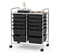 GIANTEX Carro de Almacenamiento con 12 Cajones Plásticos, Cajonera Móvil con 4 Ruedas, con Tablero y Asas, 64 x 38 x 75 cm, Carrito Auxiliar para Salón, Cocina, Baño, Oficina (Negro)