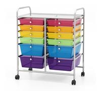 GIANTEX Carro de Almacenamiento con 12 Cajones Plásticos, Cajonera Móvil con 4 Ruedas, con Tablero y Asas, 64 x 38 x 75 cm, Carrito Auxiliar para Salón, Cocina, Baño, Oficina (Transparente Colorido)