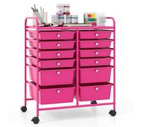 GIANTEX Carro de Almacenamiento con 12 Cajones Plásticos, Cajonera Móvil con 4 Ruedas, con Tablero y Asas, 64 x 38 x 75 cm, Carrito Auxiliar para Salón, Cocina, Baño, Oficina (Rosa)