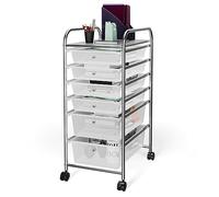 GIANTEX Carro de Almacenamiento con 6 Cajones, Cajonera con 4 Ruedas(2 con Frenos), Tablero y Marco de Metal, Cajones Plásticos, Carrito Auxiliar para Oficina, Dormitorio, Baño (Transparente)